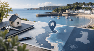 Mortgage Broker in Saundersfoot location map with coastal harbour, property icon, house keys and Pembrokeshire-inspired mortgage imagery.