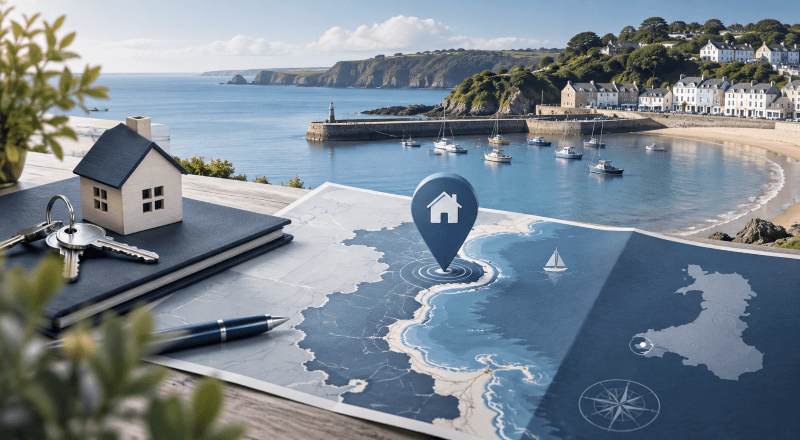 Mortgage Broker in Saundersfoot location map with coastal harbour, property icon, house keys and Pembrokeshire-inspired mortgage imagery.