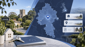 Mortgage Broker in Silsoe location map with village homes, property keys and mortgage search icons in Connect Experts branding.