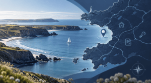 Mortgage Broker in St Bride’s Bay, Pembrokeshire, with a coastal map, location pin and property icons.