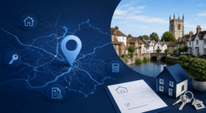 Mortgage Broker in Thatcham location map with home, key and mortgage icons in Connect Experts brand colours.