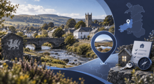 Mortgage Broker in Tregaron hero image featuring a location pin, Welsh countryside, traditional homes and mortgage-related icons.