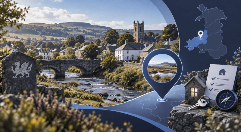 Mortgage Broker in Tregaron hero image featuring a location pin, Welsh countryside, traditional homes and mortgage-related icons.
