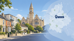 Mortgage Broker in Trowbridge hero image featuring local homes, a Trowbridge location pin and a map of Wiltshire.