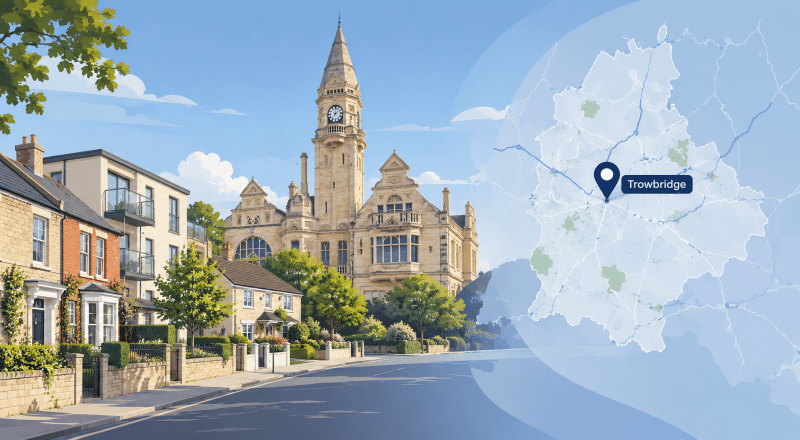 Mortgage Broker in Trowbridge hero image featuring local homes, a Trowbridge location pin and a map of Wiltshire.