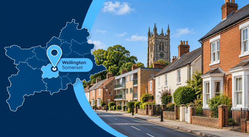 Mortgage Broker in Wellington, Somerset, with a location map and local residential street scene.