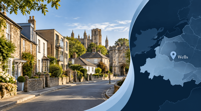 Mortgage Broker in Wells hero image showing local homes, Wells Cathedral and a Wells, Somerset location map pin.