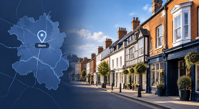 Mortgage Broker in Wem hero image with Wem location map and traditional Shropshire town properties.
