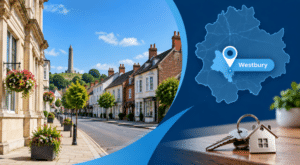 Mortgage Broker in Westbury hero image featuring a Westbury street scene, local map pin, Wiltshire map and house keys.
