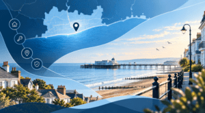 Mortgage Broker in Worthing with coastal map, seafront and property icons