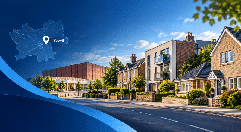 Mortgage Broker in Yeovil hero image showing a Yeovil map pin, a local Somerset landmark, and a street scene with mixed property types including houses and flats.