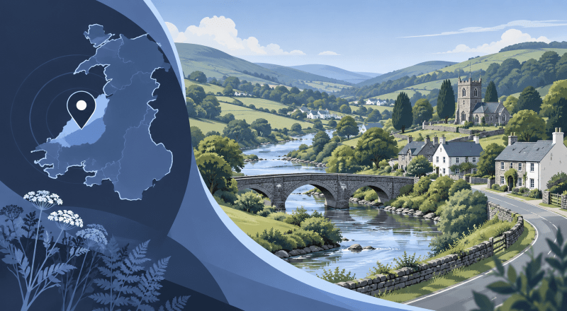 Mortgage Broker in Ystrad Aeron with location map, Aeron Valley countryside, river and village homes.