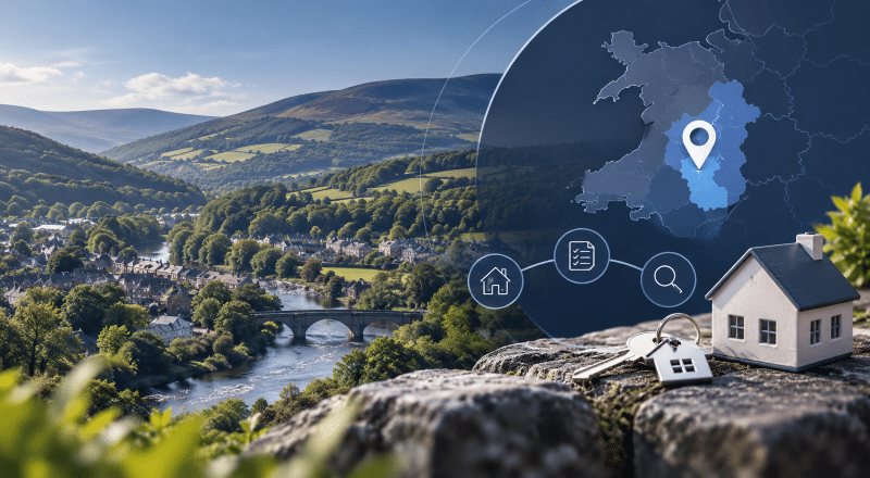 Mortgage Broker in Ystradgynlais with Powys map pin, Welsh valley scenery and home-buying icons.