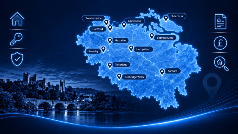 Mortgage Brokers in Kent map graphic showing key Kent locations with glowing location markers in a blue branded design.