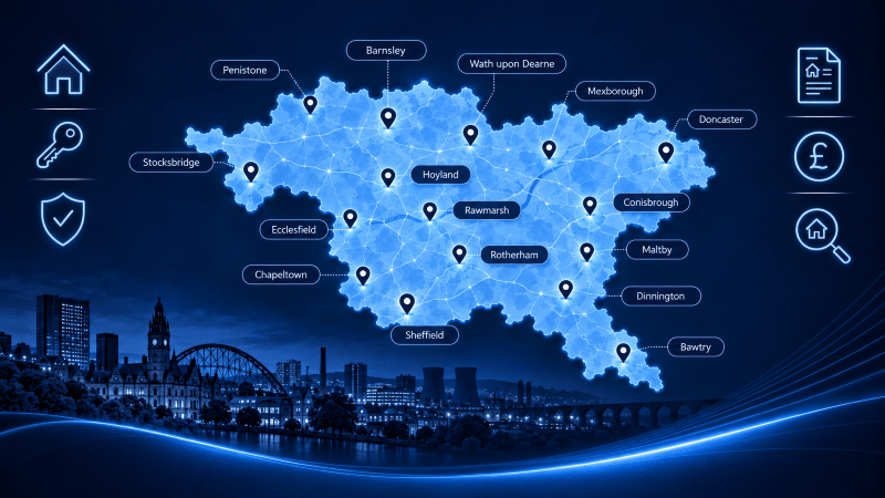 Mortgage Brokers in South Yorkshire map showing key locations across the county.