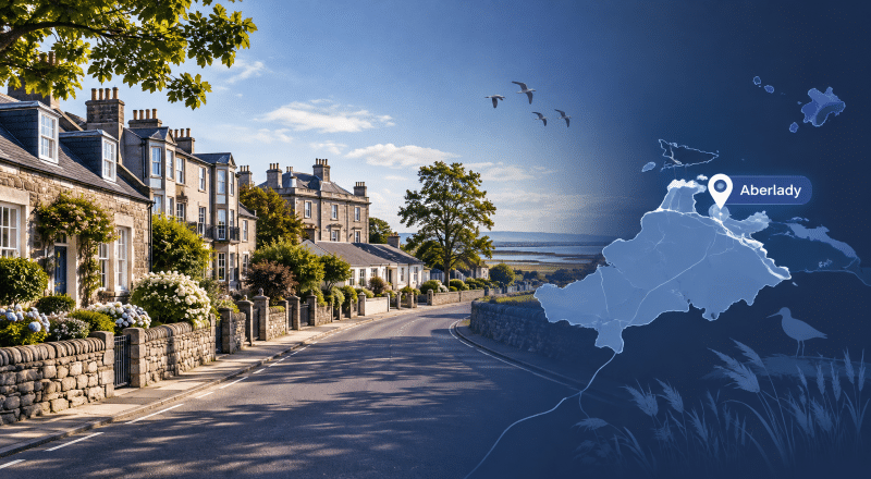 Mortgage Broker in Aberlady, East Lothian, with traditional village homes, coastal scenery and an Aberlady location map marker.