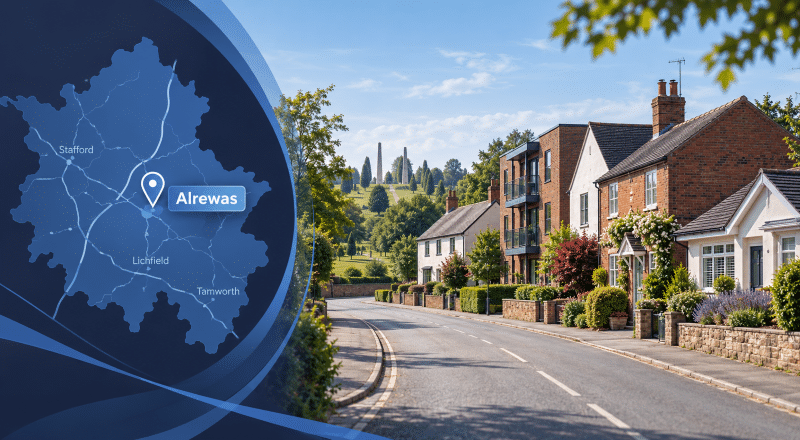 Mortgage Broker in Alrewas hero image featuring a Staffordshire location map and pin, a quiet village street with varied homes, and a subtle National Memorial Arboretum reference.