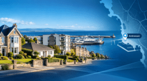 Mortgage Broker in Ardrossan hero image showing coastal homes, Ardrossan harbour, and a location map pin in Ayrshire Do you like this personality?