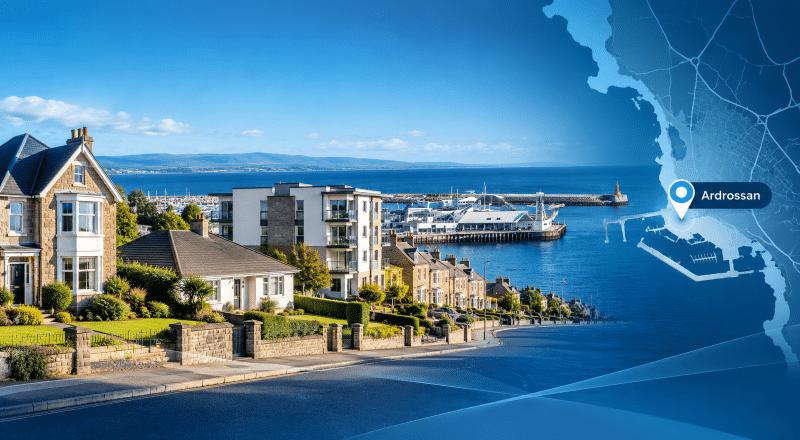 Mortgage Broker in Ardrossan hero image showing coastal homes, Ardrossan harbour, and a location map pin in Ayrshire Do you like this personality?