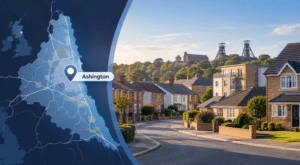 Mortgage Broker in Ashington hero image showing a map pin over Ashington, Northumberland, with a residential street, varied property types, and the Woodhorn mining landmark in the background