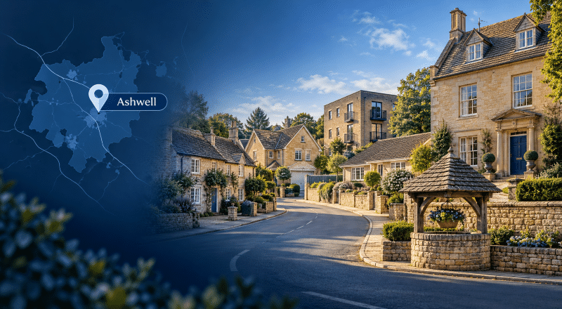 Mortgage Broker in Ashwell hero image showing a map pin for Ashwell and a Rutland village street with a mix of stone homes, cottages, flats and a landmark village well in Connect Experts’ blue branded style.