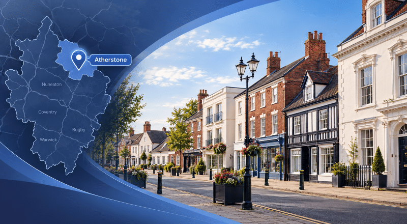 Mortgage Broker in Atherstone location map with Warwickshire streets and traditional town-centre properties