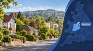 Mortgage Broker in Barnt Green hero image showing a leafy residential street, mixed property styles, the Lickey Hills backdrop, and a branded location map with a Barnt Green pin.
