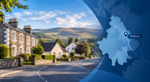 Mortgage Broker in Beattock hero image featuring traditional Dumfriesshire homes, a village street, surrounding upland scenery, and a Beattock location pin on a regional map.