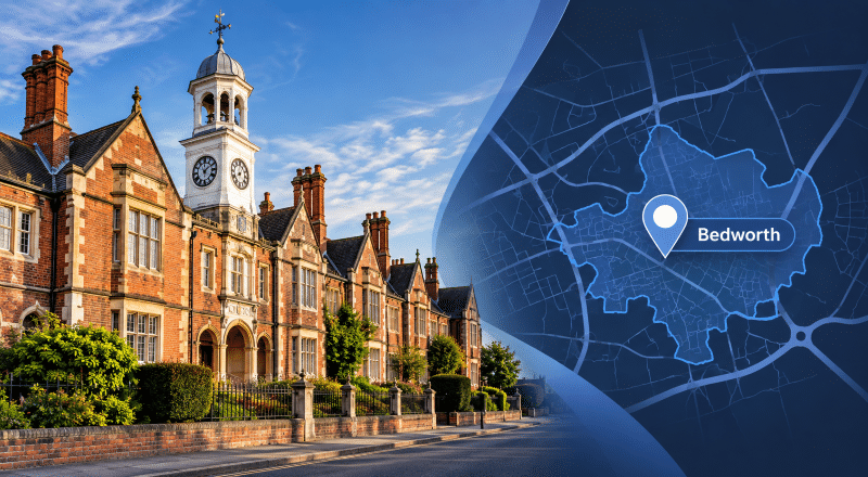 Mortgage Broker in Bedworth hero image showing Bedworth, Warwickshire, with a location map, map pin and local architecture.