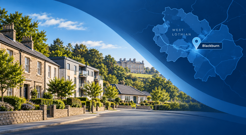 Mortgage Broker in Blackburn EH47 hero image featuring West Lothian residential property, Blackburn House in the background, and a location map pinpointing Blackburn.