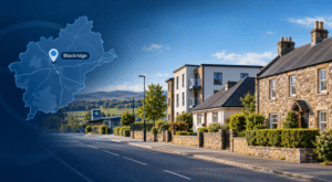 Mortgage Broker in Blackridge hero image featuring a West Lothian location map with a Blackridge pin, local residential properties and a subtle rail connection.
