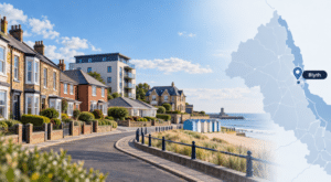 Mortgage Broker in Blyth, showing a coastal street with varied homes, beach huts, seafront views, and a Northumberland map with a Blyth location pin.