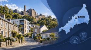 Mortgage Broker in Bodmin hero image showing a Bodmin street scene with mixed property types, the Bodmin Jail landmark in the background, and a Cornwall map with a location pin marking Bodmin.