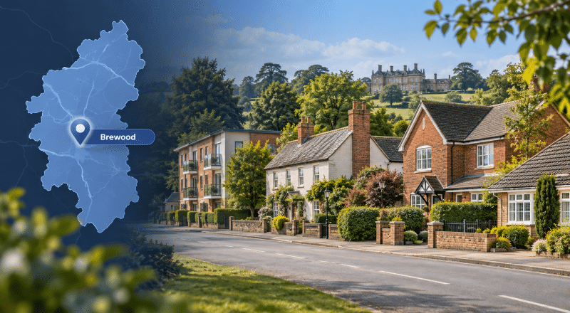 Mortgage Broker in Brewood hero image featuring a Staffordshire location map and Brewood pin alongside a residential street with a mix of local property styles.