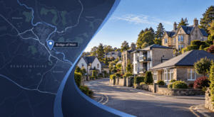 Mortgage Broker in Bridge of Weir with Renfrewshire location map and local residential street scene.