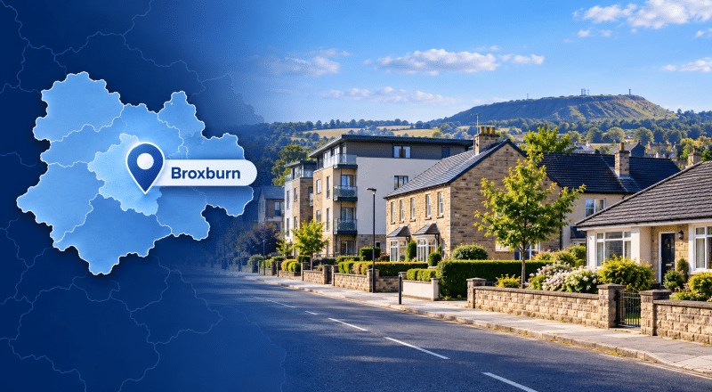 Mortgage Broker in Broxburn hero image featuring a West Lothian map with a Broxburn location pin, mixed local housing including houses, flats and a bungalow, and a subtle shale-bing landscape in the background.