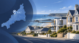 Mortgage Broker in Bude hero image showing a map of Cornwall with Bude marked, coastal homes, and Bude seafront in branded blue colours