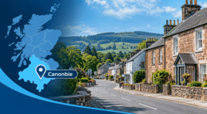 Mortgage Broker in Canonbie hero image featuring a Canonbie location pin, map of Dumfriesshire and traditional local stone homes in a rural village setting.