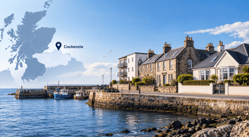 Mortgage Broker in Cockenzie, East Lothian, with coastal homes, Cockenzie Harbour and a location map highlighting Cockenzie.