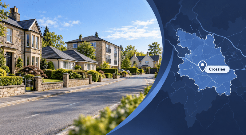 Mortgage Broker in Crosslee hero image showing a residential street, varied homes and a location map of Crosslee in Renfrewshire