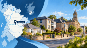 Mortgage Broker in Cumnock hero image featuring a Cumnock location map, local homes and Cumnock Town Hall in Ayrshire. Is this conversation helpful so far?