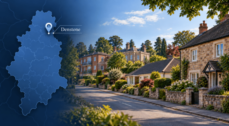 Mortgage Broker in Denstone hero image showing a Staffordshire location map with Denstone pin, alongside a quiet village street with traditional homes, a bungalow, flats and a larger detached property.