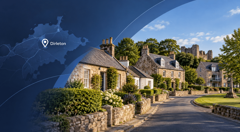 Mortgage Broker in Dirleton hero image showing a map marker for Dirleton beside a quiet East Lothian village street with stone homes and Dirleton Castle in the background