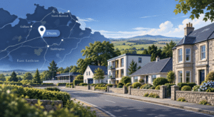 Mortgage Broker in Drem hero image showing a map of Drem in East Lothian beside a quiet village street with a mix of houses, flats and a local station.