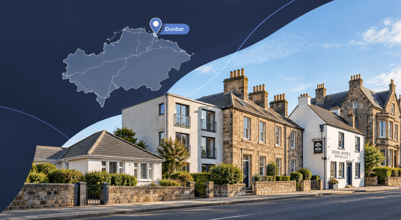 Mortgage Broker in Dunbar hero image showing a Dunbar streetscape, East Lothian map, location pin, and local property types including houses, flats and traditional buildings.