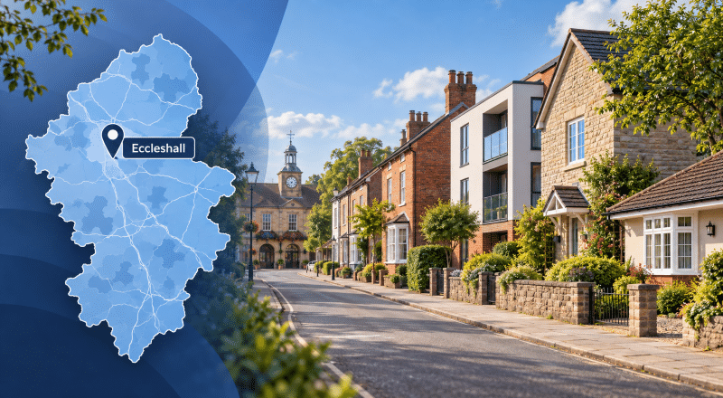 Mortgage Broker in Eccleshall hero image showing a Staffordshire map with an Eccleshall location pin beside a quiet market-town street with a mix of traditional and modern homes.
