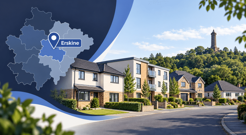 Mortgage Broker in Erskine hero image showing a map marker for Erskine, a residential street with varied property types, and a recognisable local landmark in Renfrewshire.