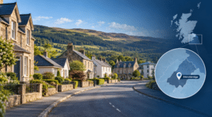Mortgage Broker in Ettrickbridge hero image showing traditional village homes in the Ettrick Valley with an Ettrickbridge location pin and Selkirkshire map.