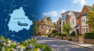 Mortgage Broker in Evesham hero image featuring a Worcestershire location map with an Evesham pin and a varied residential street scene with traditional and modern homes.