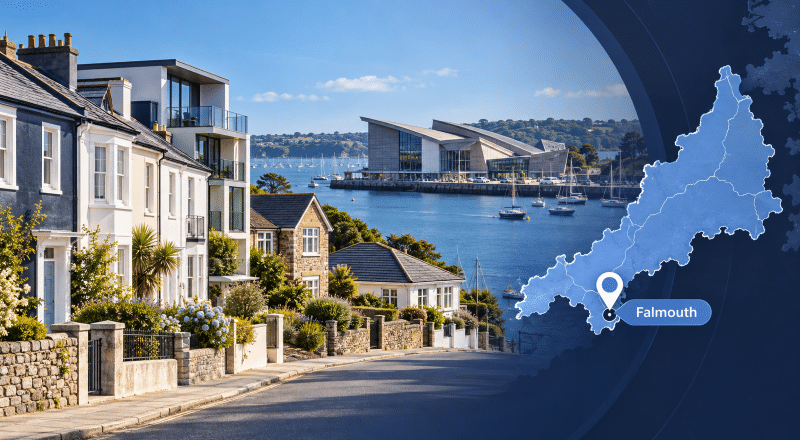 Mortgage Broker in Falmouth with Cornwall map, location pin and Falmouth harbour streetscape